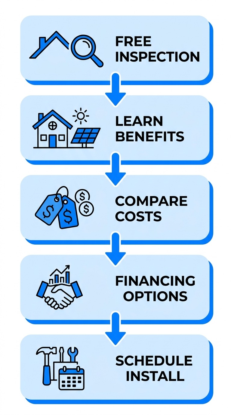 Diagram showing five stages of starting a standing seam metal roof project: free inspection, learn benefits, compare costs, financing options, and schedule installation.