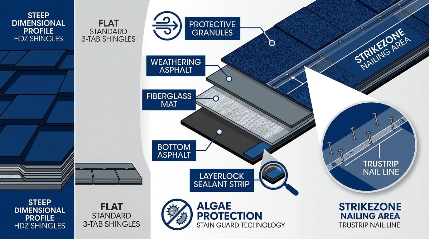 Cross-section infographic of GAF Timberline HDZ shingle technology showing labeled layers, StrikeZone nailing area, and side-by-side comparison with standard 3-tab shingles for dimensional profile differences