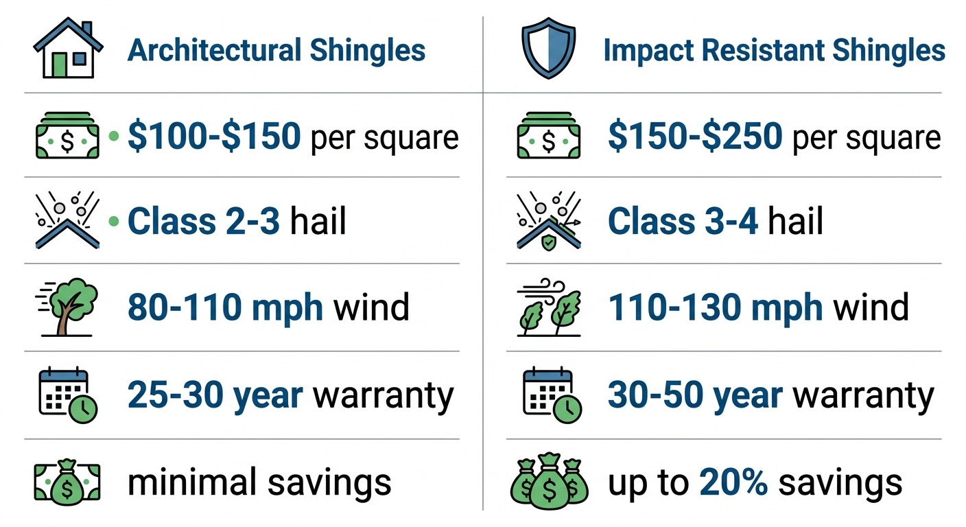 Comparison infographic of architectural versus impact resistant shingles with specifications
