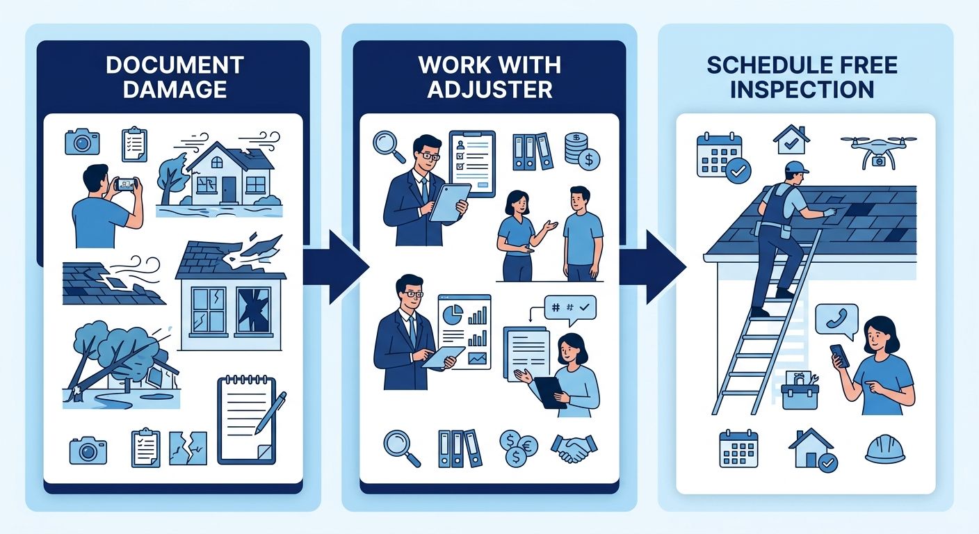 Horizontal process flow showing three stages of hurricane deductible claims: Document Damage, Work with Adjuster, Schedule Free Inspection.