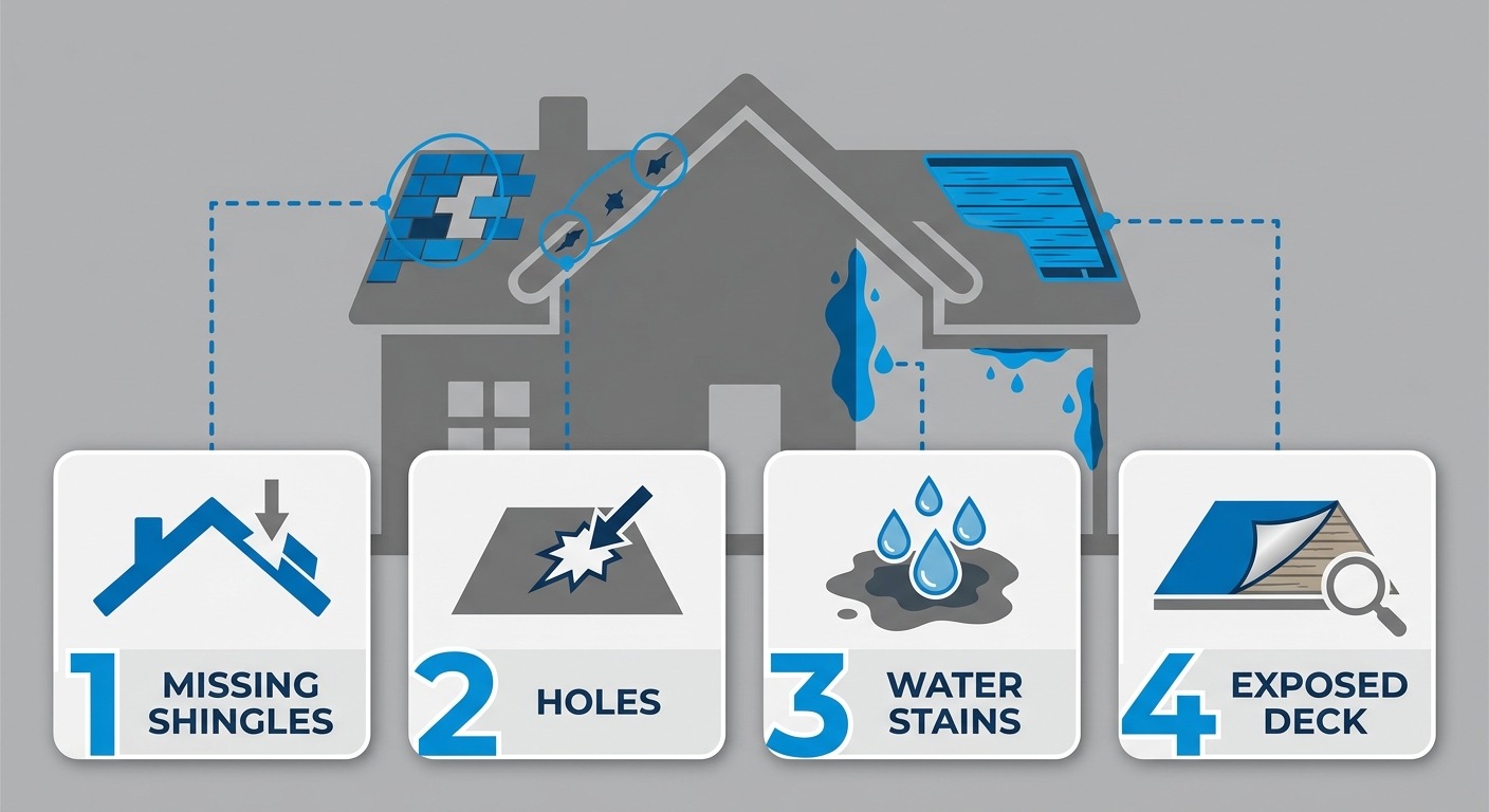 Infographic showing storm damage signs requiring emergency roof tarping: missing shingles, holes, water stains, and exposed deck on a house silhouette with blue and gray color scheme.